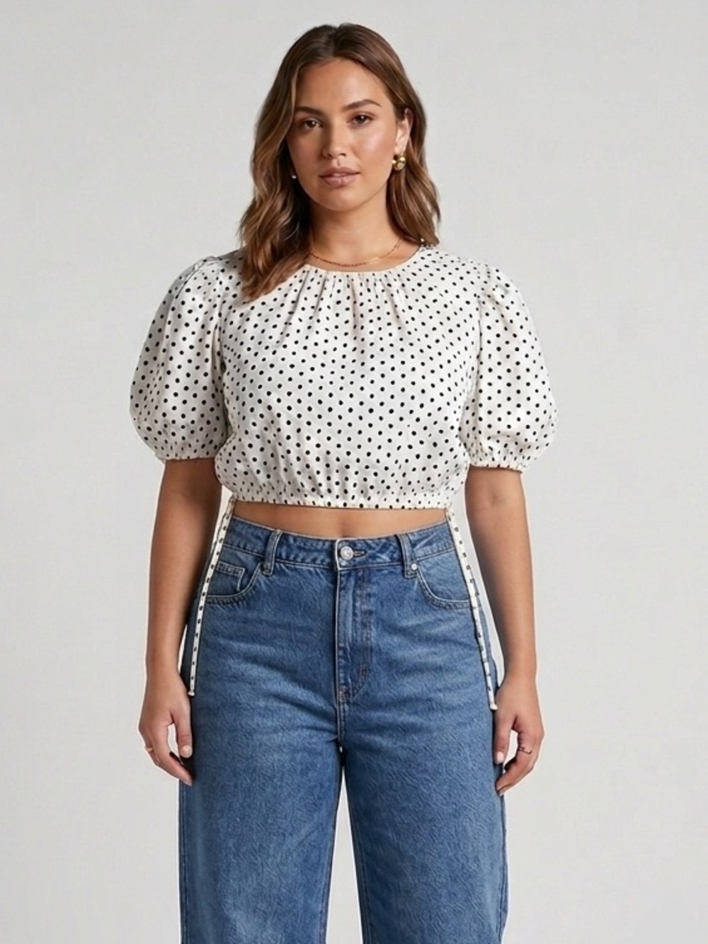 Vineyard Vines Cotton Resort Puff Sleeves Drawstring Polka Dots Crop Top Sz L